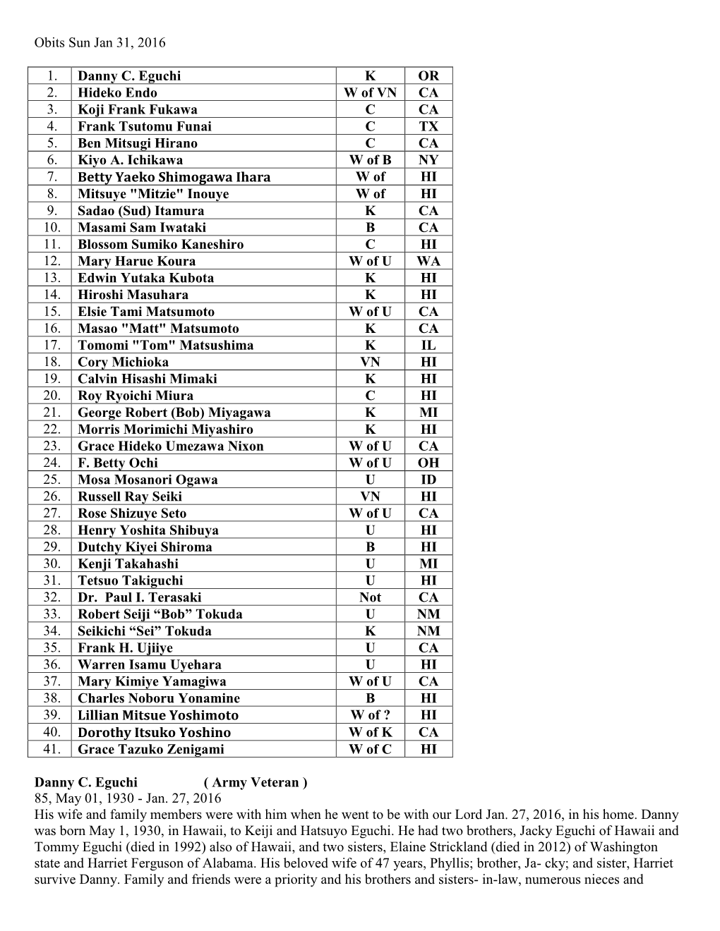Obits Sun Jan 31, 2016 1. Danny C. Eguchi K OR 2. Hideko Endo W of VN CA 3. Koji Frank Fukawa C CA 4. Frank Tsutomu Funai C TX 5