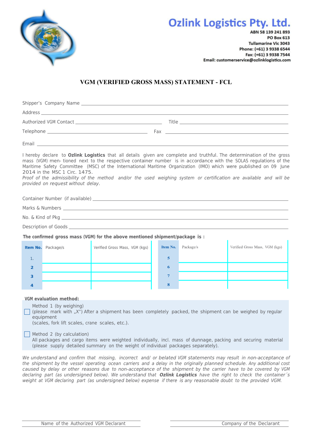 Vgm (Verified Gross Mass) Statement - Fcl