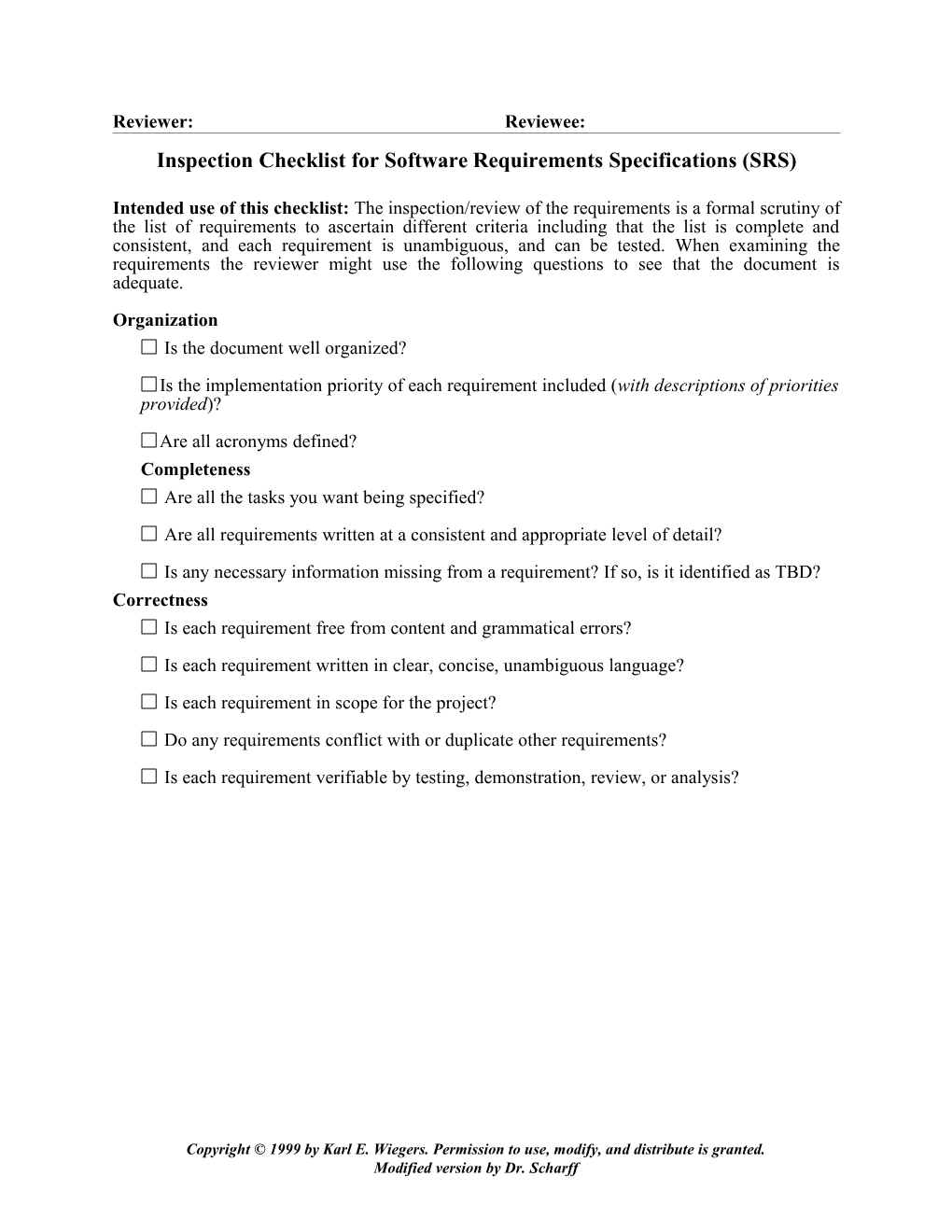 Checklist for Requirements Reviews