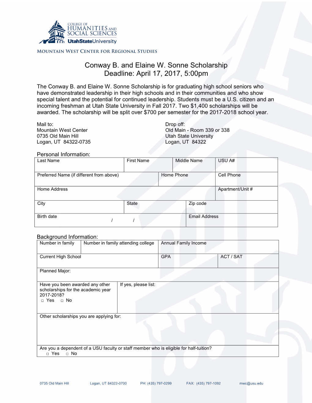 Conway B. and Elaine W. Sonne Scholarship Deadline: April 17, 2017, 5:00Pm