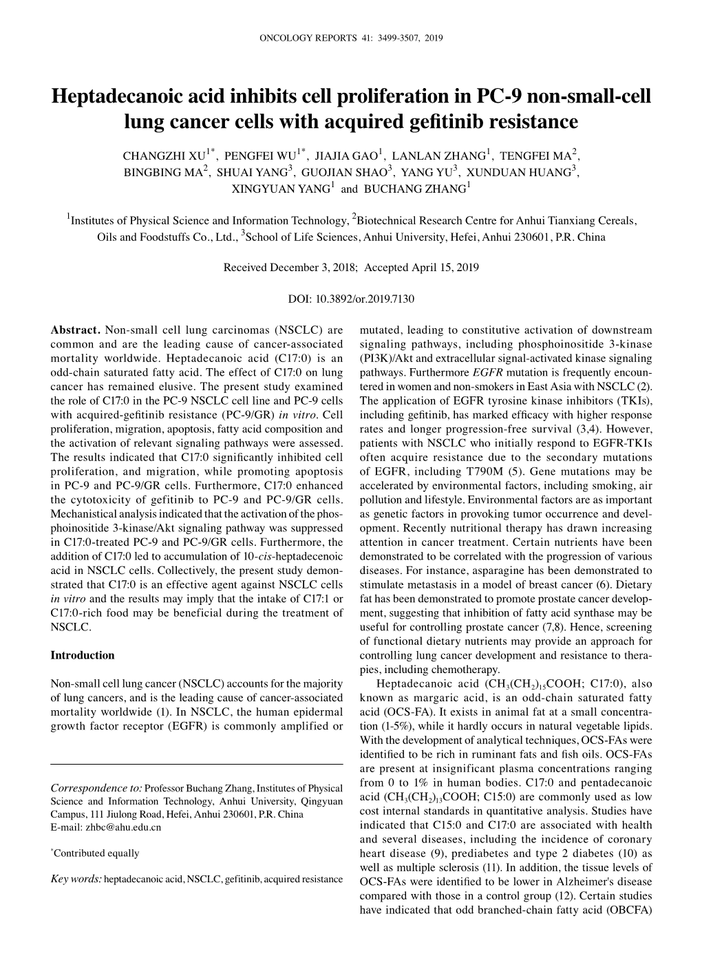 Heptadecanoic Acid Inhibits Cell Proliferation in PC‑9 Non‑Small‑Cell Lung Cancer Cells with Acquired Gefitinib Resistance