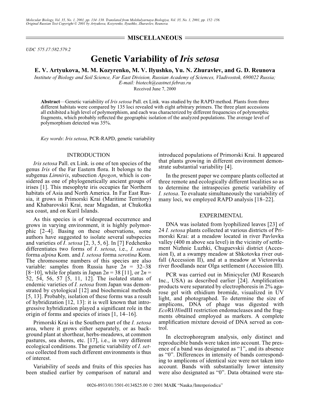 Genetic Variability of Iris Setosa E