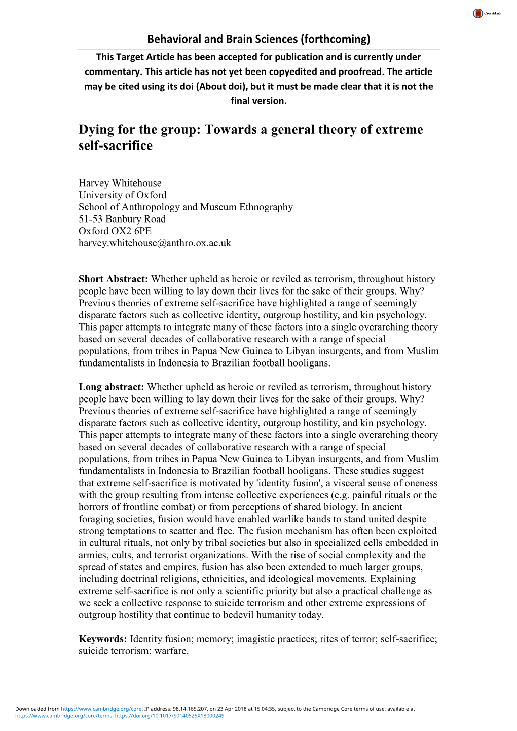 Dying for the Group: Towards a General Theory of Extreme Self-Sacrifice