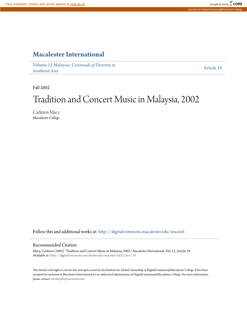 Tradition and Concert Music in Malaysia, 2002 Carleton Macy Macalester College