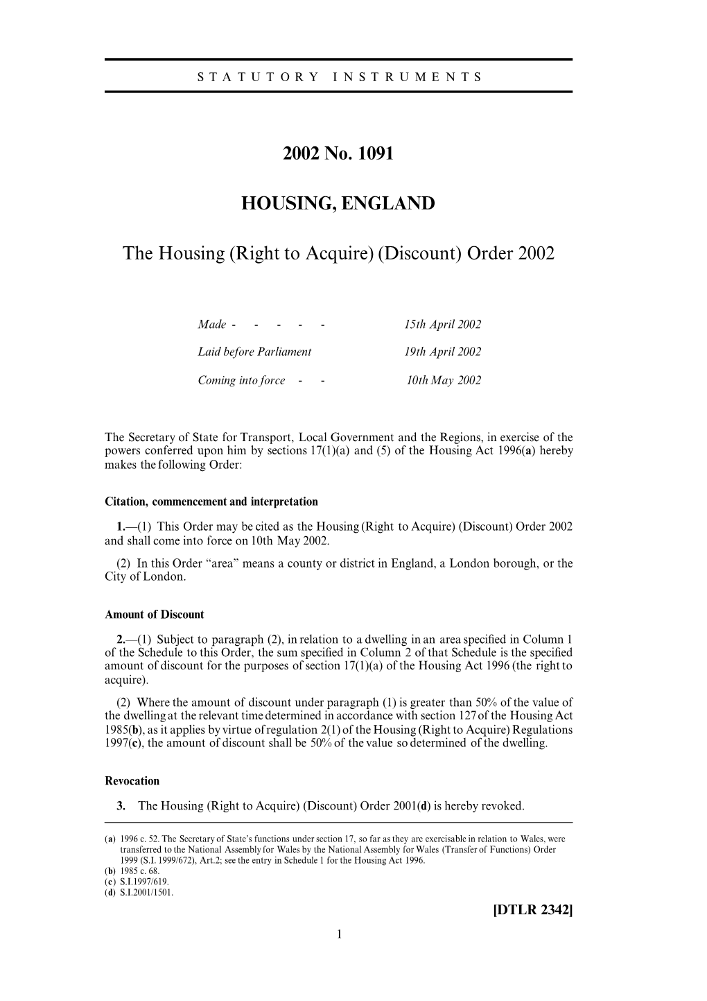 2002 No. 1091 HOUSING, ENGLAND the Housing