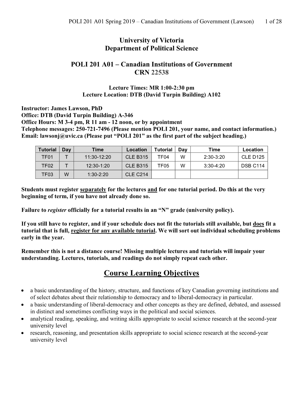 POLI 201 A01 Spring 2019 – Canadian Institutions of Government (Lawson) 1 of 28