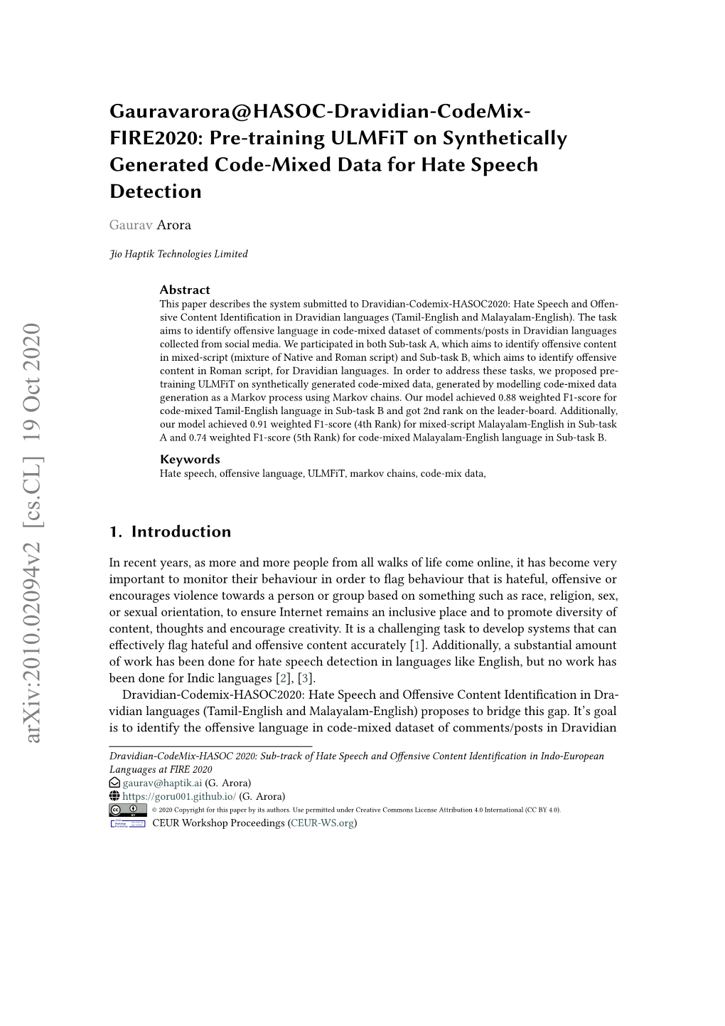 Gauravarora@HASOC-Dravidian-Codemix- FIRE2020: Pre-Training Ulmfit on Synthetically Generated Code-Mixed Data for Hate Speech Detection