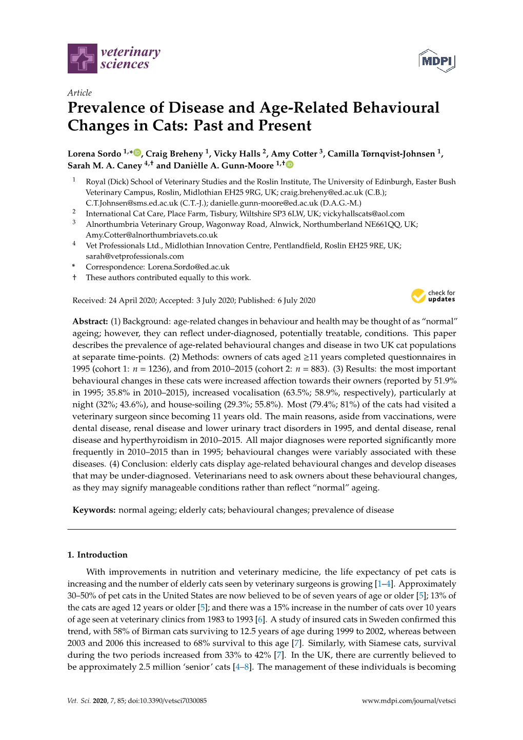 Prevalence of Disease and Age-Related Behavioural Changes in Cats: Past and Present