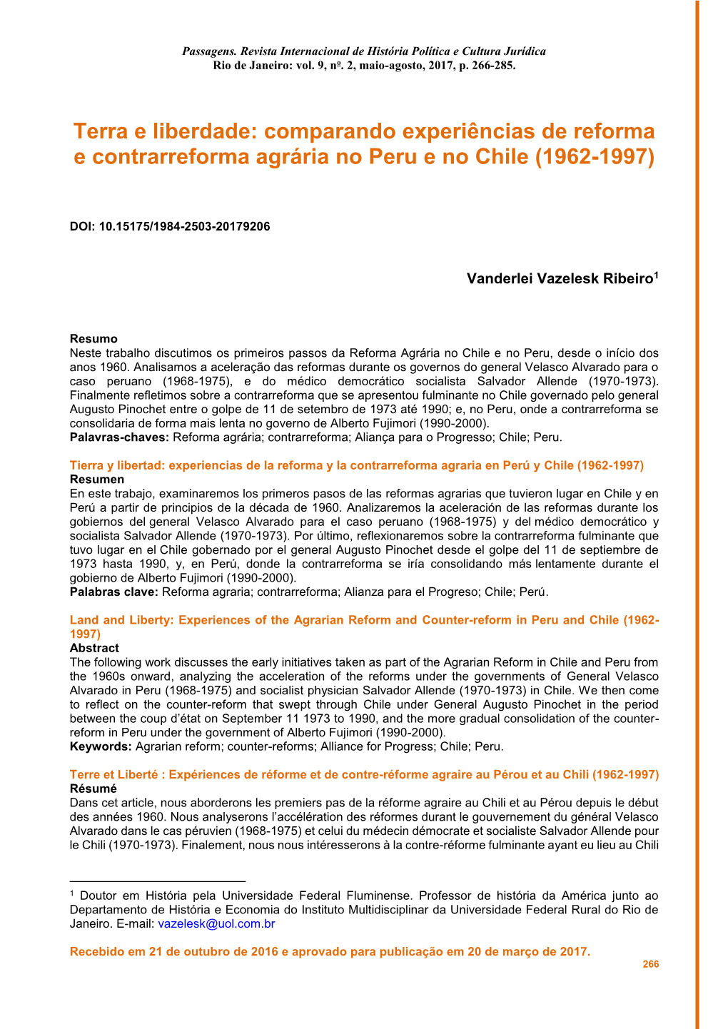 Terra E Liberdade: Comparando Experiências De Reforma E Contrarreforma Agrária No Peru E No Chile (1962-1997)