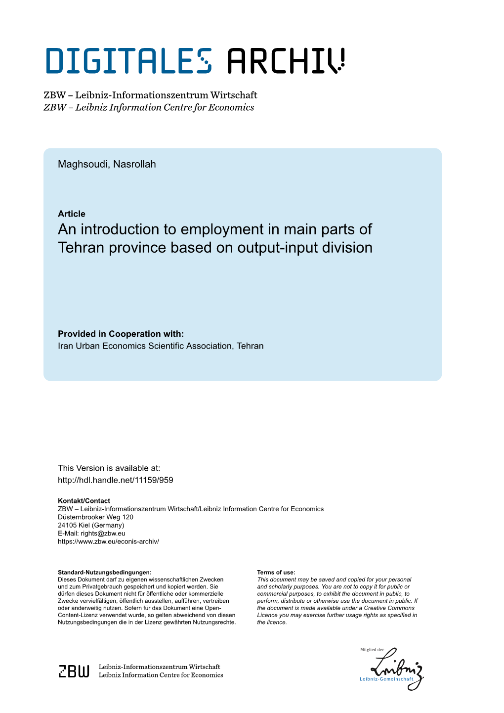 An Introduction to Employment in Main Parts of Tehran Province Based on Output-Input Division