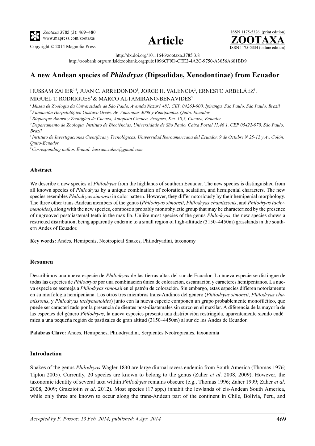 A New Andean Species of Philodryas (Dipsadidae, Xenodontinae) from Ecuador