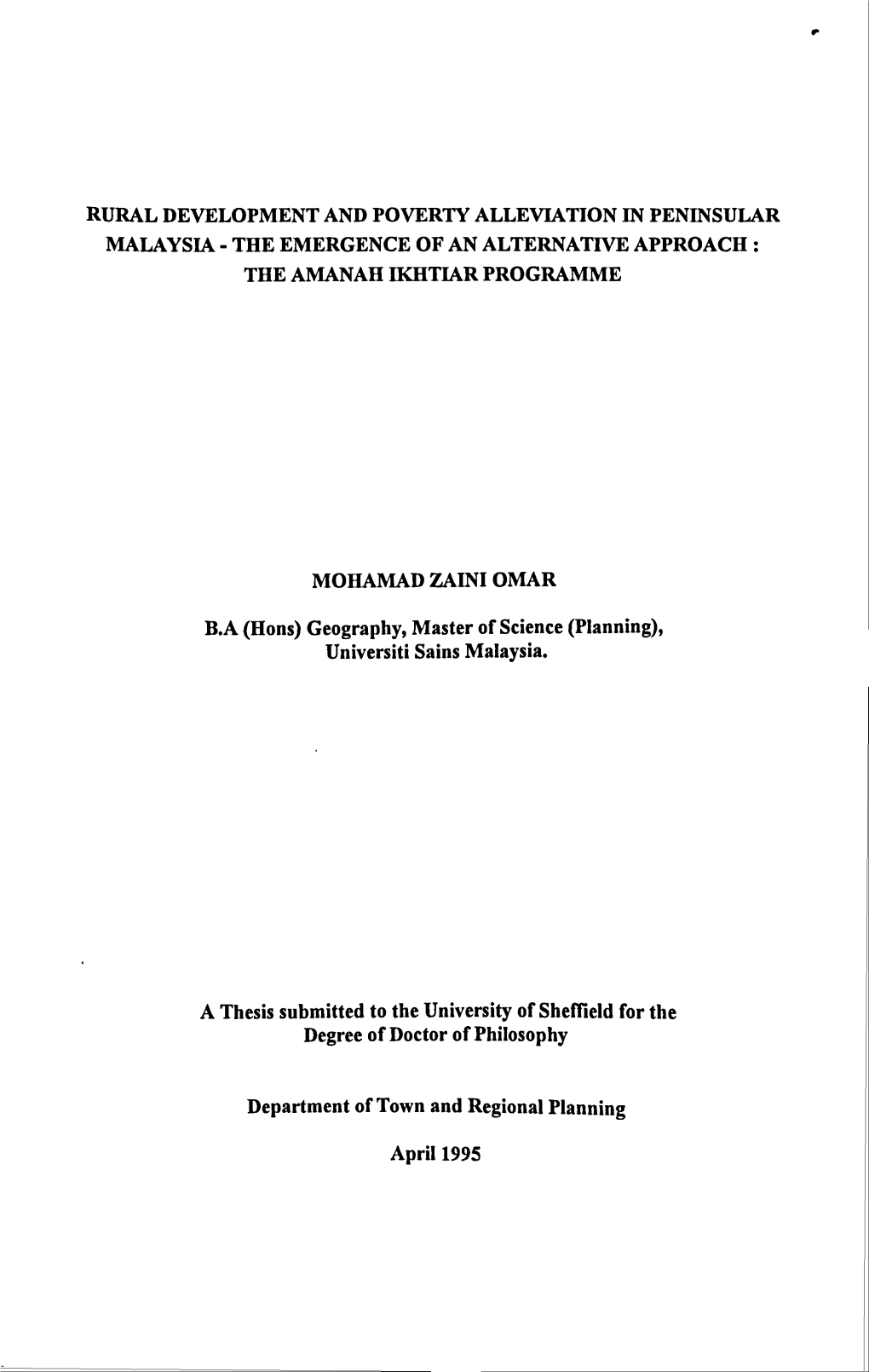Rural Development and Poverty Alleviation in Peninsular Malaysia - the Emergence of an Alternative Approach: the Amanah Ikhtiar Programme