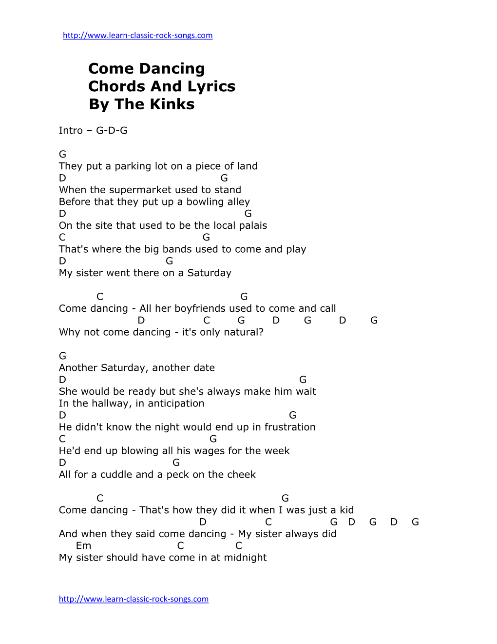 Come Dancing Chords and Lyrics by the Kinks