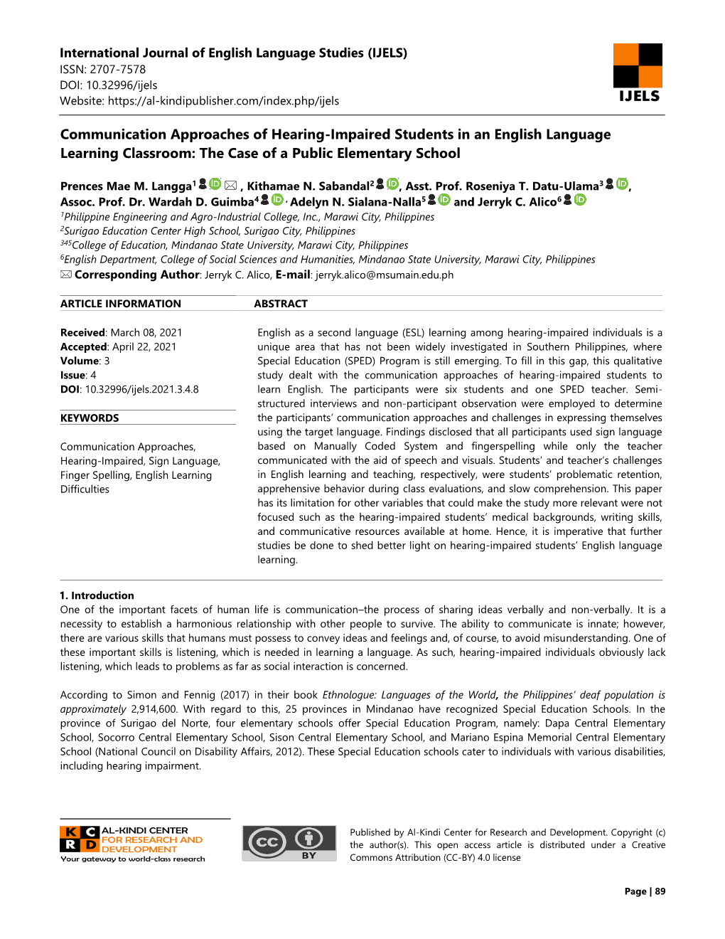 Communication Approaches of Hearing-Impaired Students in an English Language Learning Classroom: the Case of a Public Elementary School