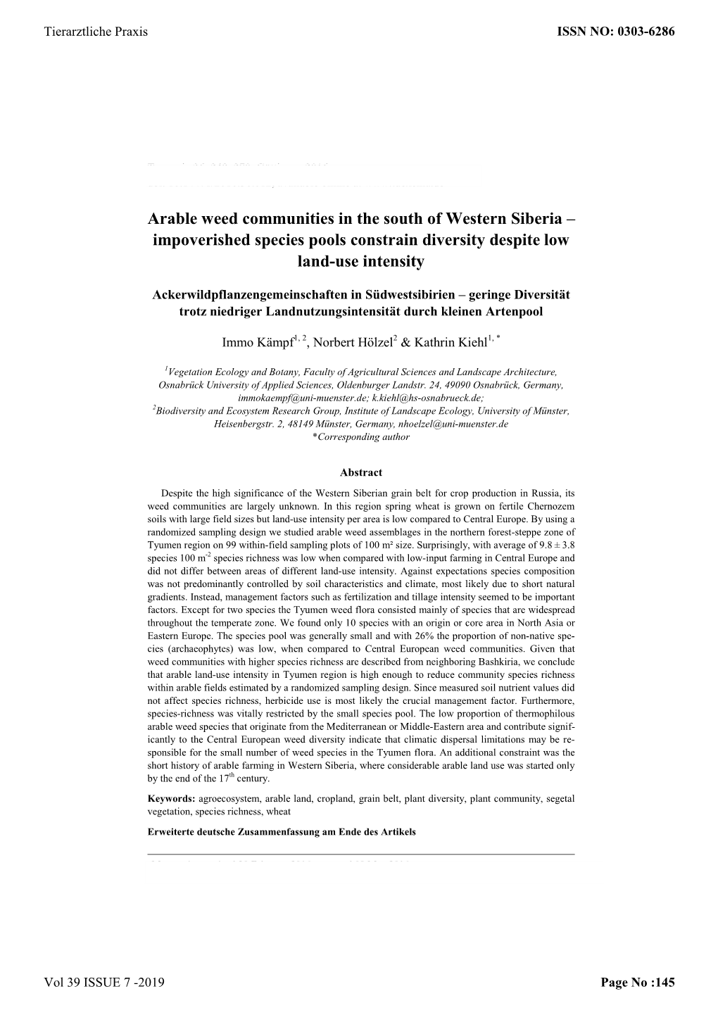 Arable Weed Communities in the South of Western Siberia – Impoverished Species Pools Constrain Diversity Despite Low Land-Use Intensity