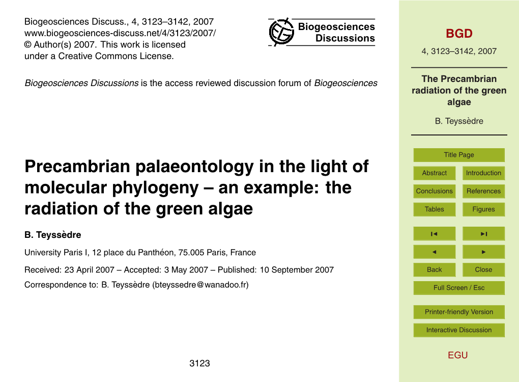 The Precambrian Radiation of the Green Algae