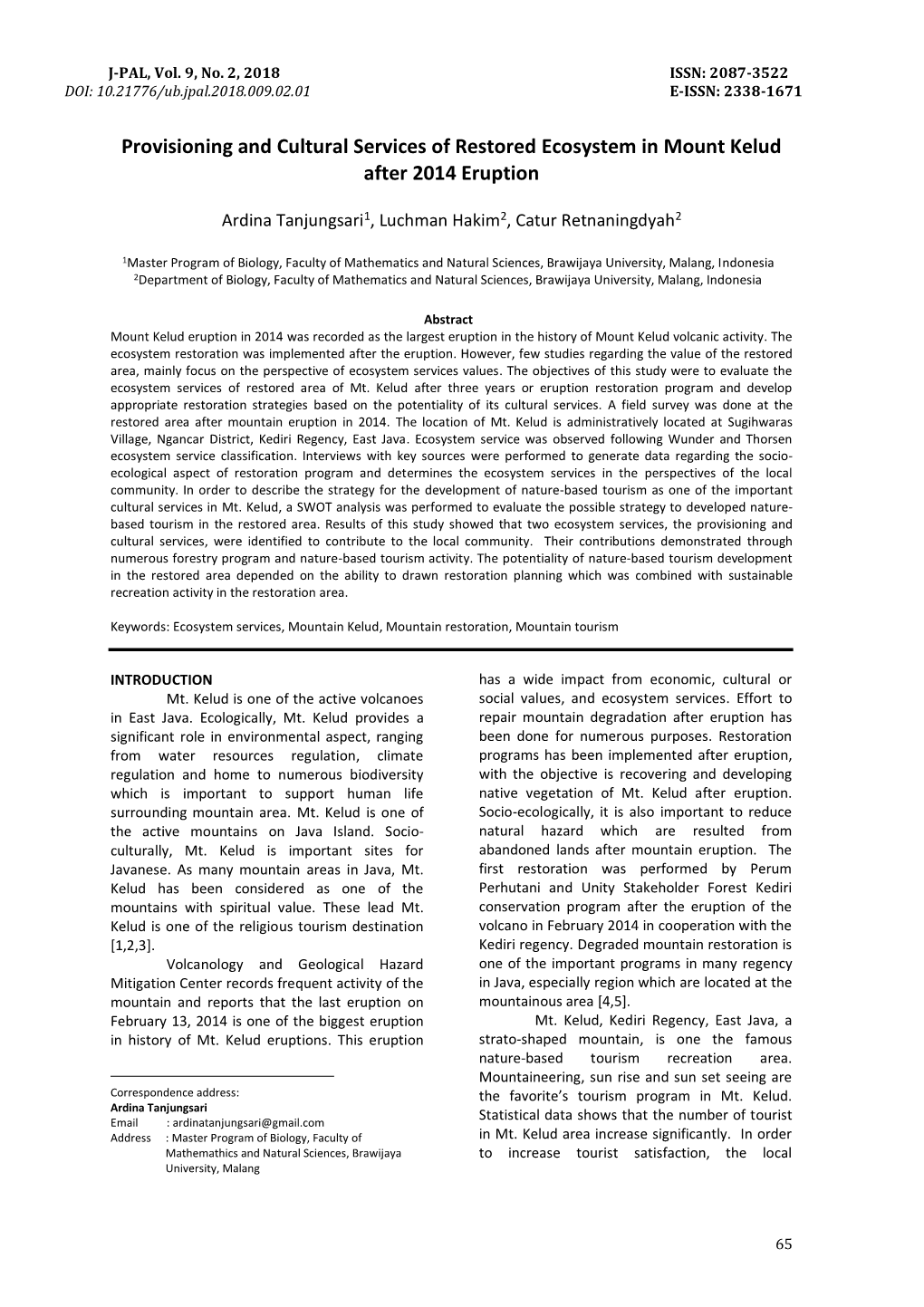 Provisioning and Cultural Services of Restored Ecosystem in Mount Kelud After 2014 Eruption