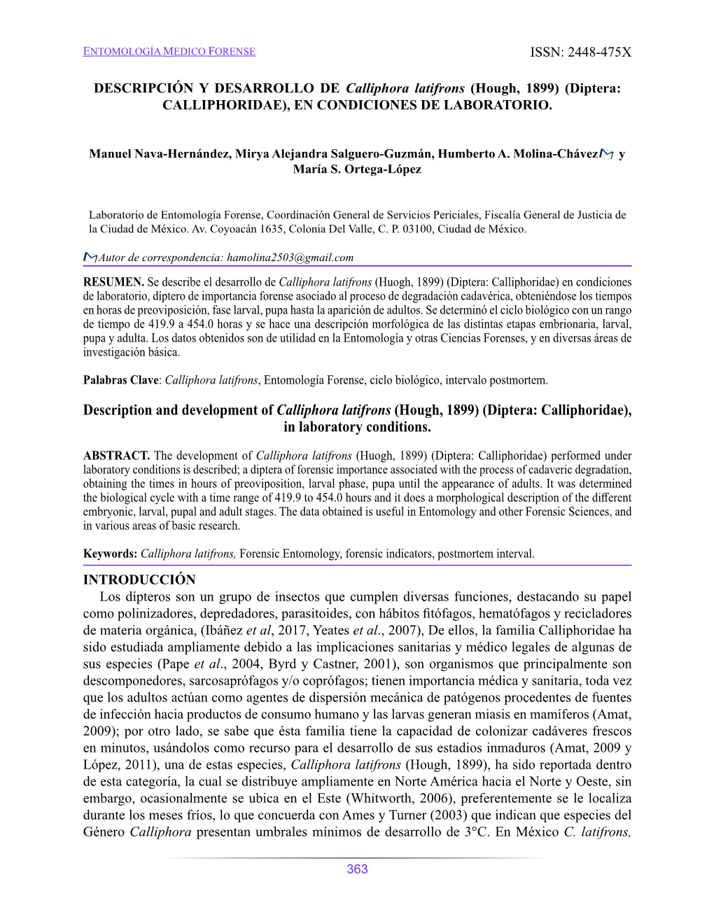 Description and Development of Calliphora Latifrons (Hough, 1899) (Diptera: Calliphoridae), in Laboratory Conditions