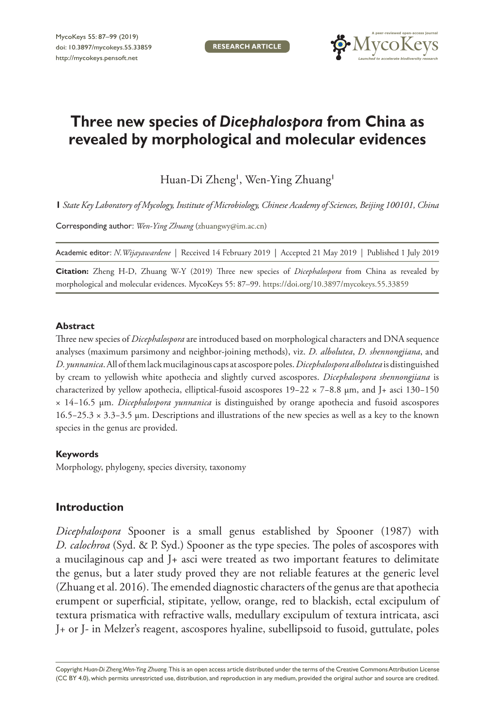 Three New Species of Dicephalospora from China As Revealed by Morphological and Molecular Evidences