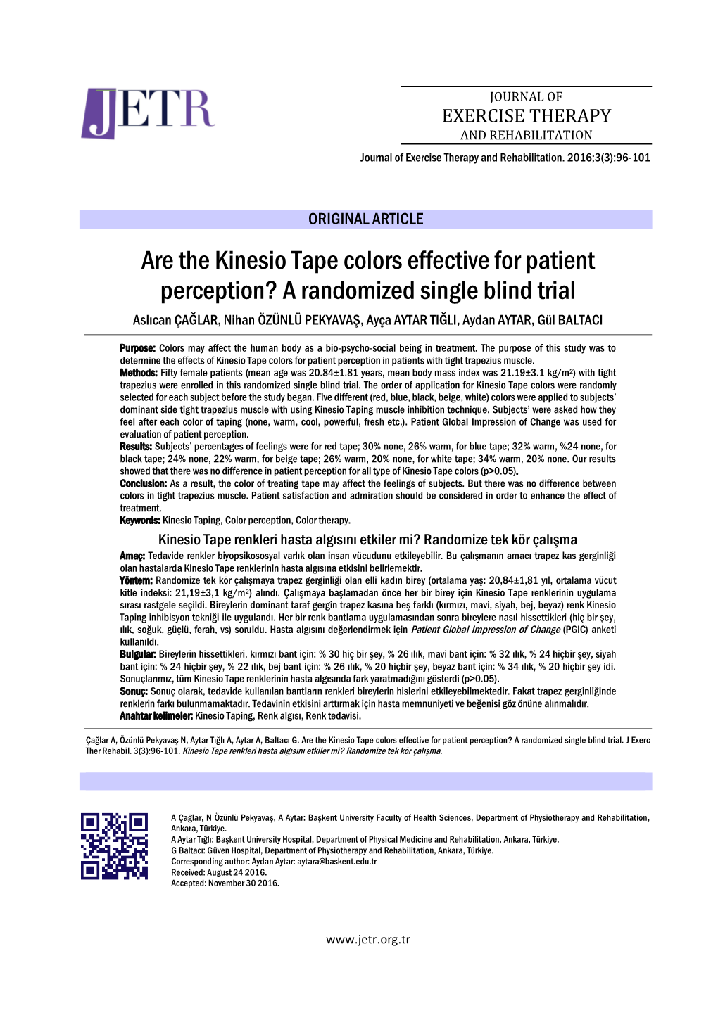 Are the Kinesio Tape Colors Effective for Patient Perception? a Randomized Single Blind Trial