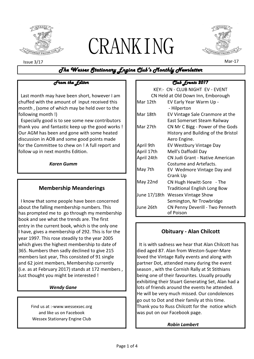 CRANKING Issue 3/17 Mar-17 the Wessex Stationary Engine Club's Monthly Newsletter