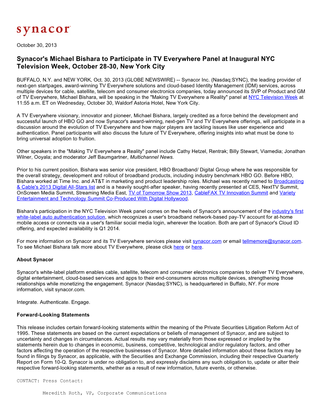 Synacor's Michael Bishara to Participate in TV Everywhere Panel at Inaugural NYC Television Week, October 28-30, New York City