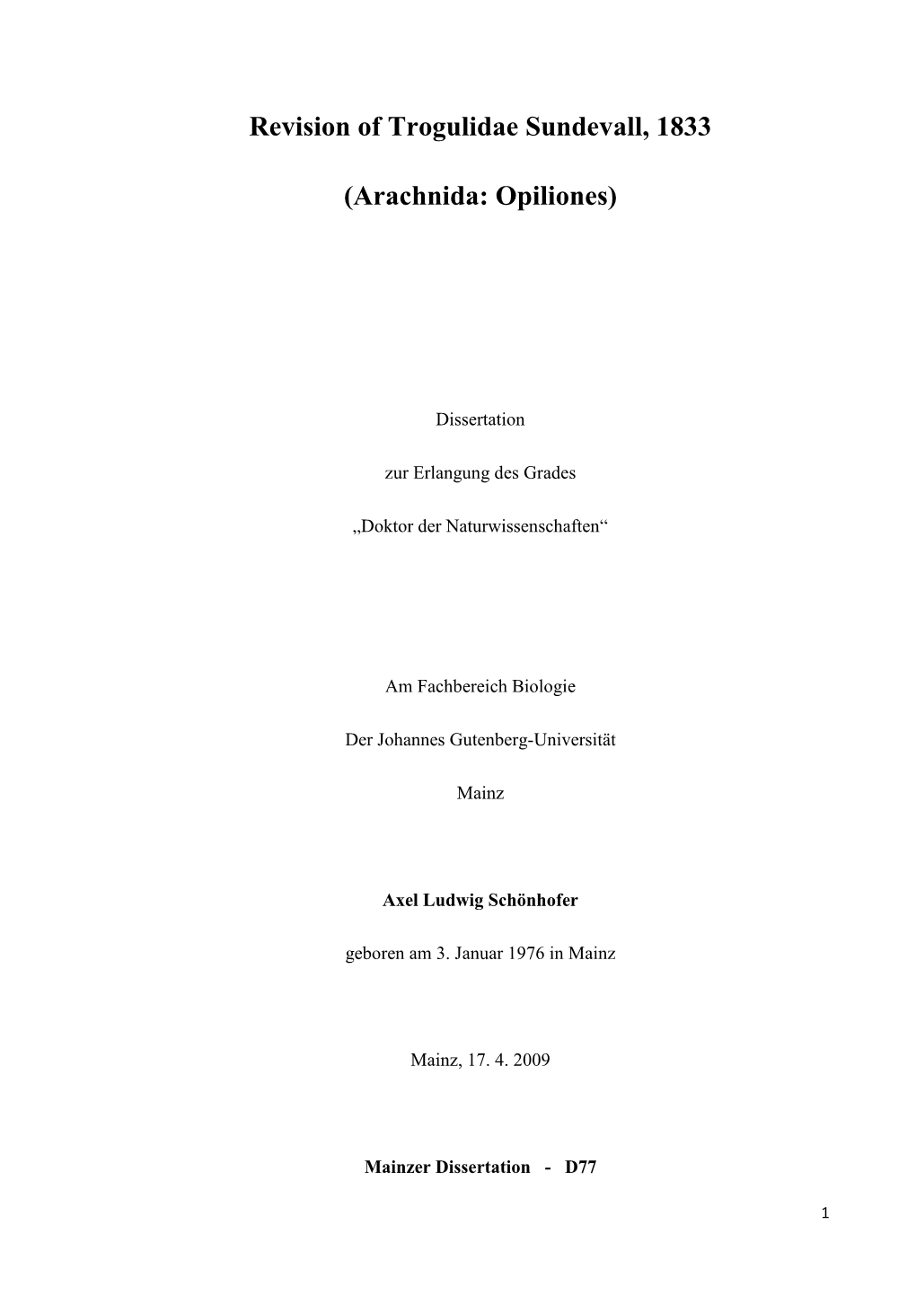 Revision of Trogulidae Sundevall, 1833 (Arachnida: Opiliones)