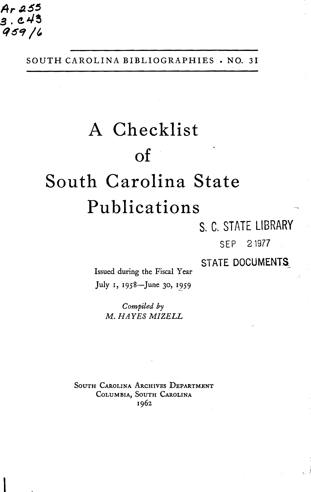A Checklist South Carolina State Publications