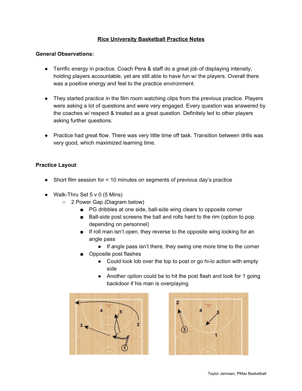 Rice University Men's Basketball Practice Notes