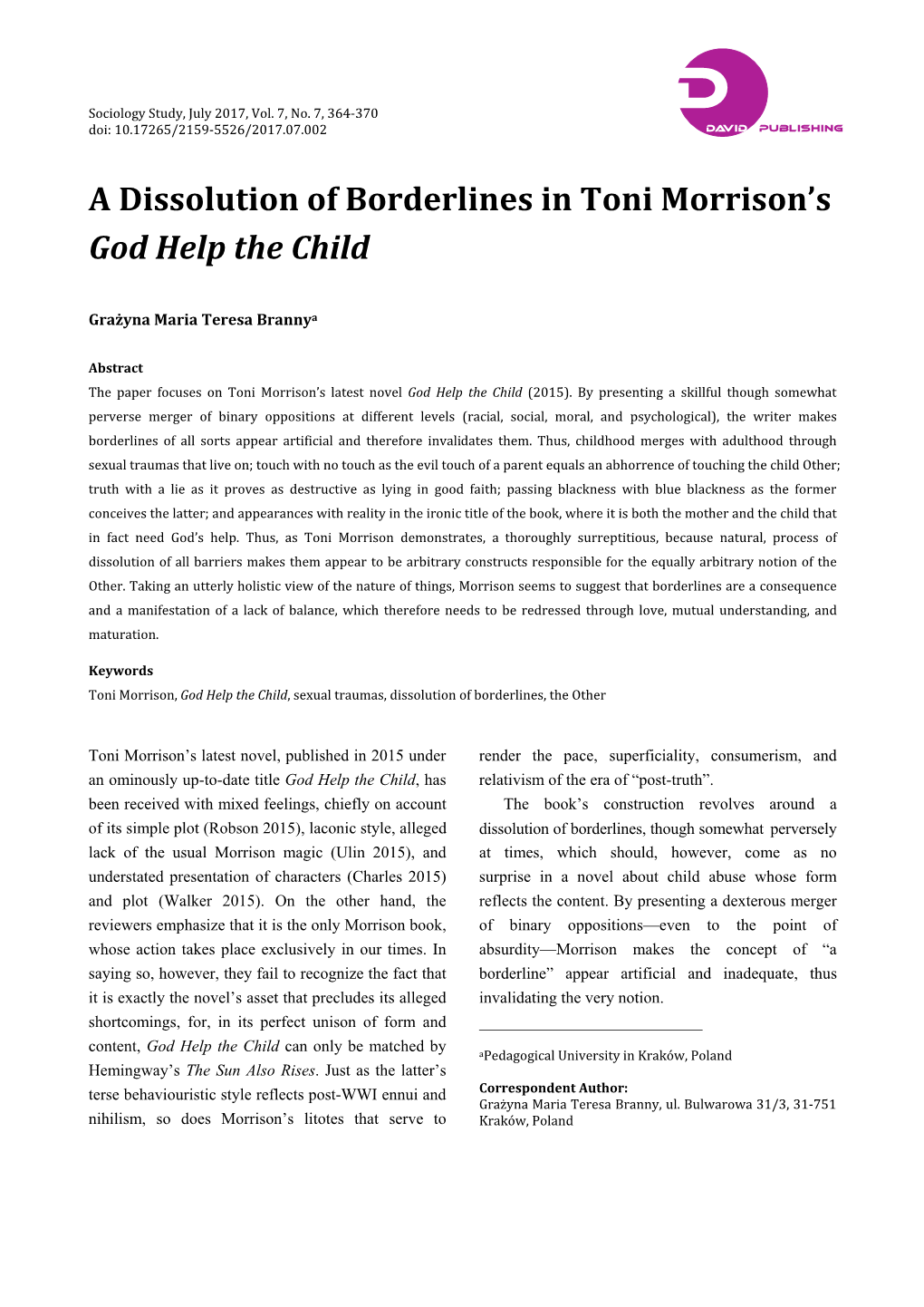 A Dissolution of Borderlines in Toni Morrison's God Help the Child