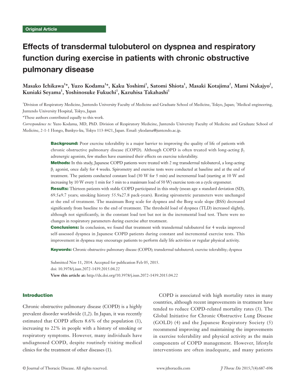 Effects of Transdermal Tulobuterol on Dyspnea and Respiratory Function During Exercise in Patients with Chronic Obstructive Pulmonary Disease