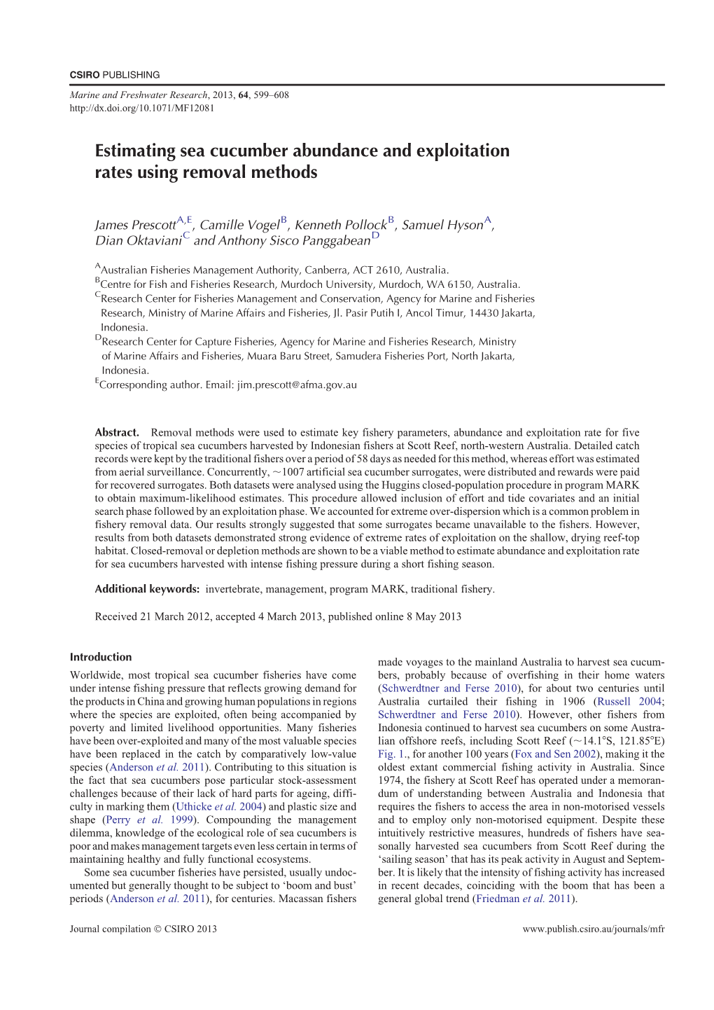 Estimating Sea Cucumber Abundance and Exploitation Rates Using Removal Methods