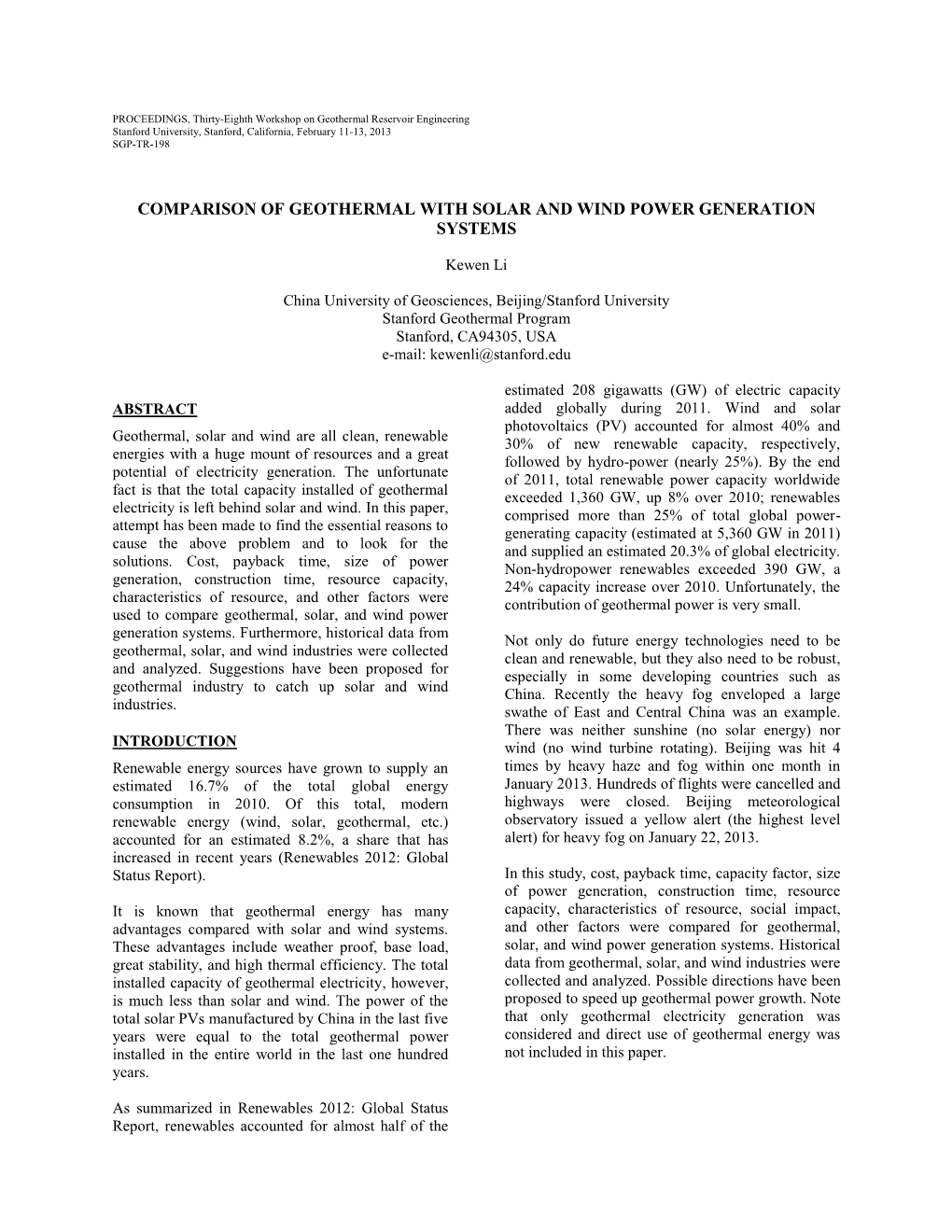 Comparison of Geothermal with Solar and Wind Power Generation Systems