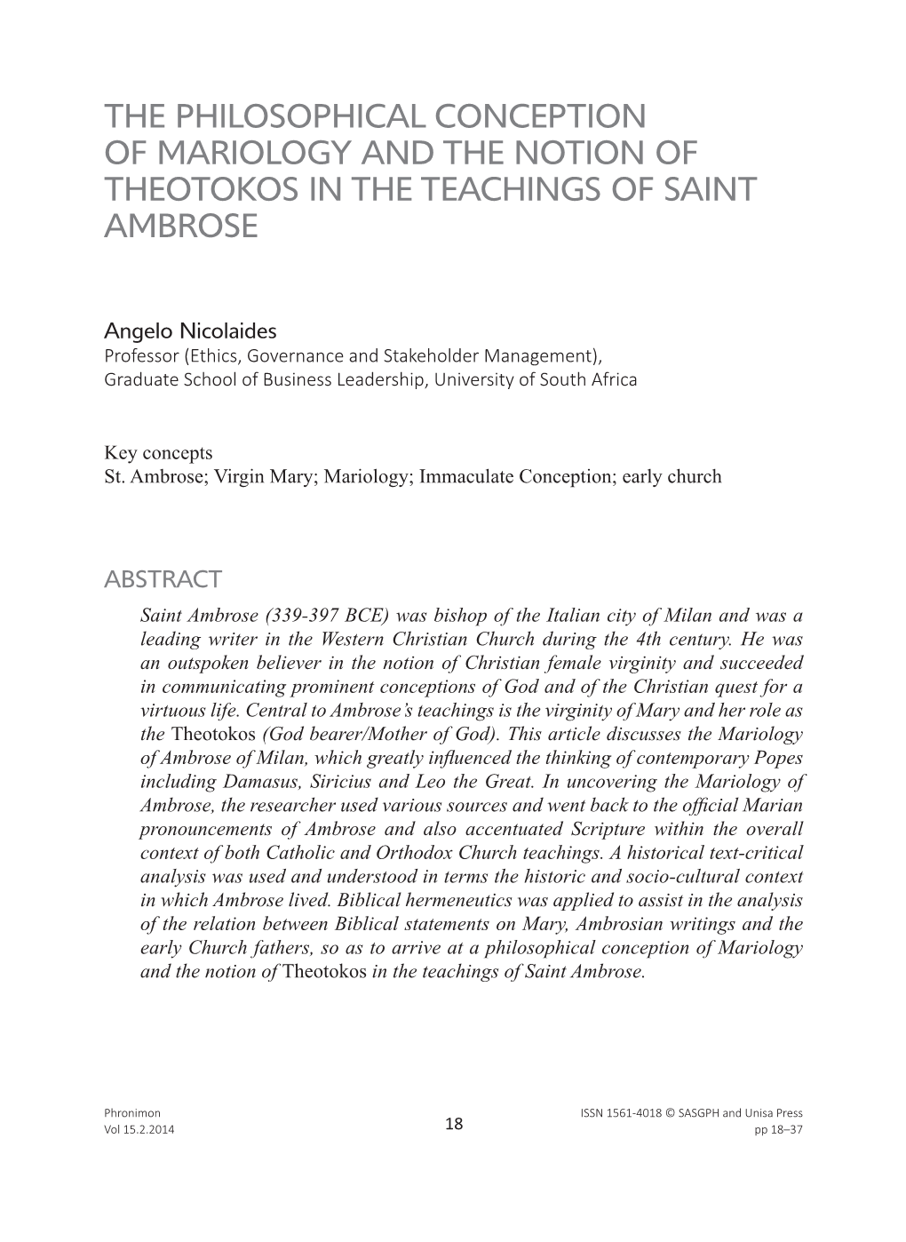 The Philosophical Conception of Mariology and the Notion of Theotokos in the Teachings of Saint Ambrose