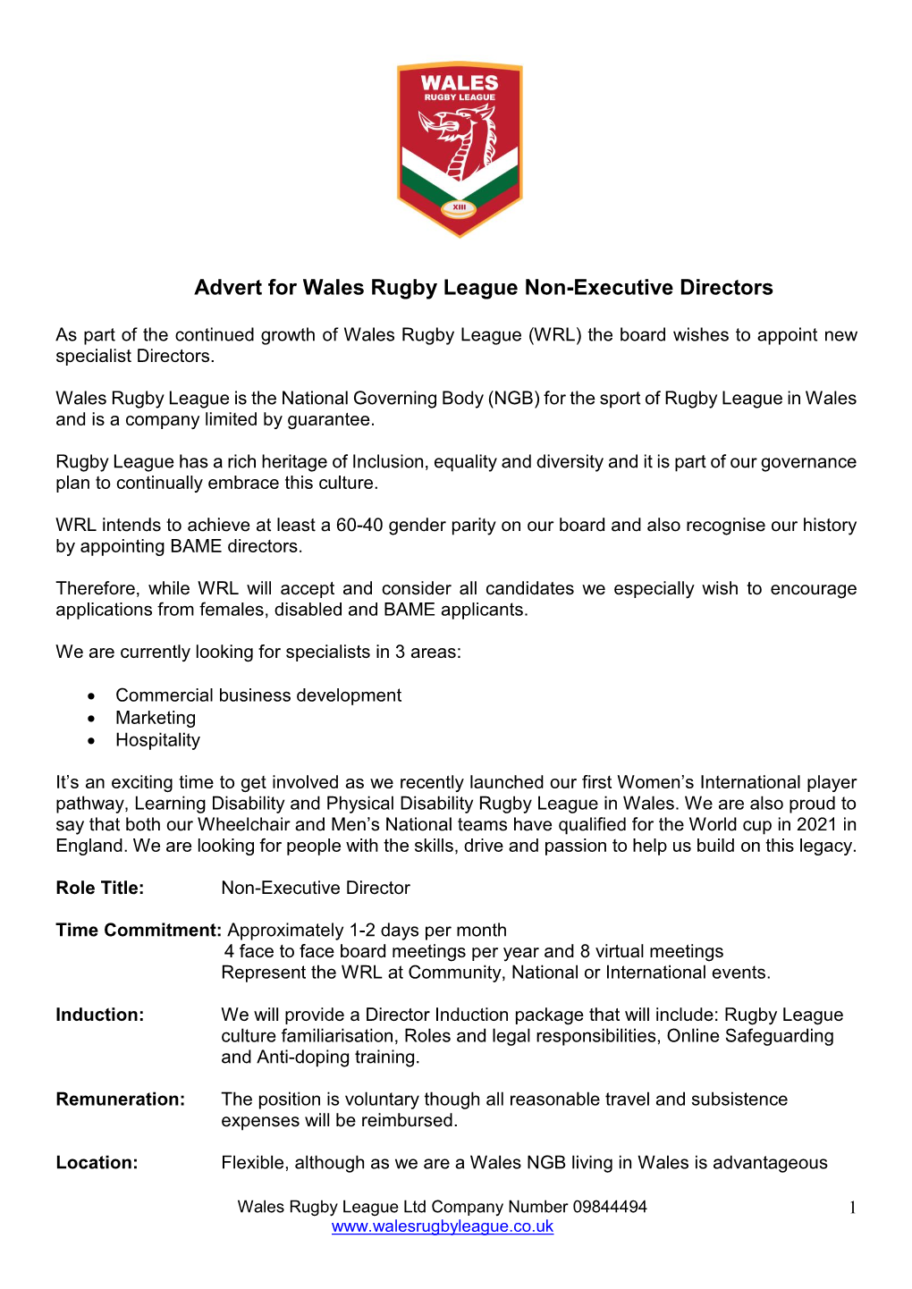 Advert for Wales Rugby League Non-Executive Directors