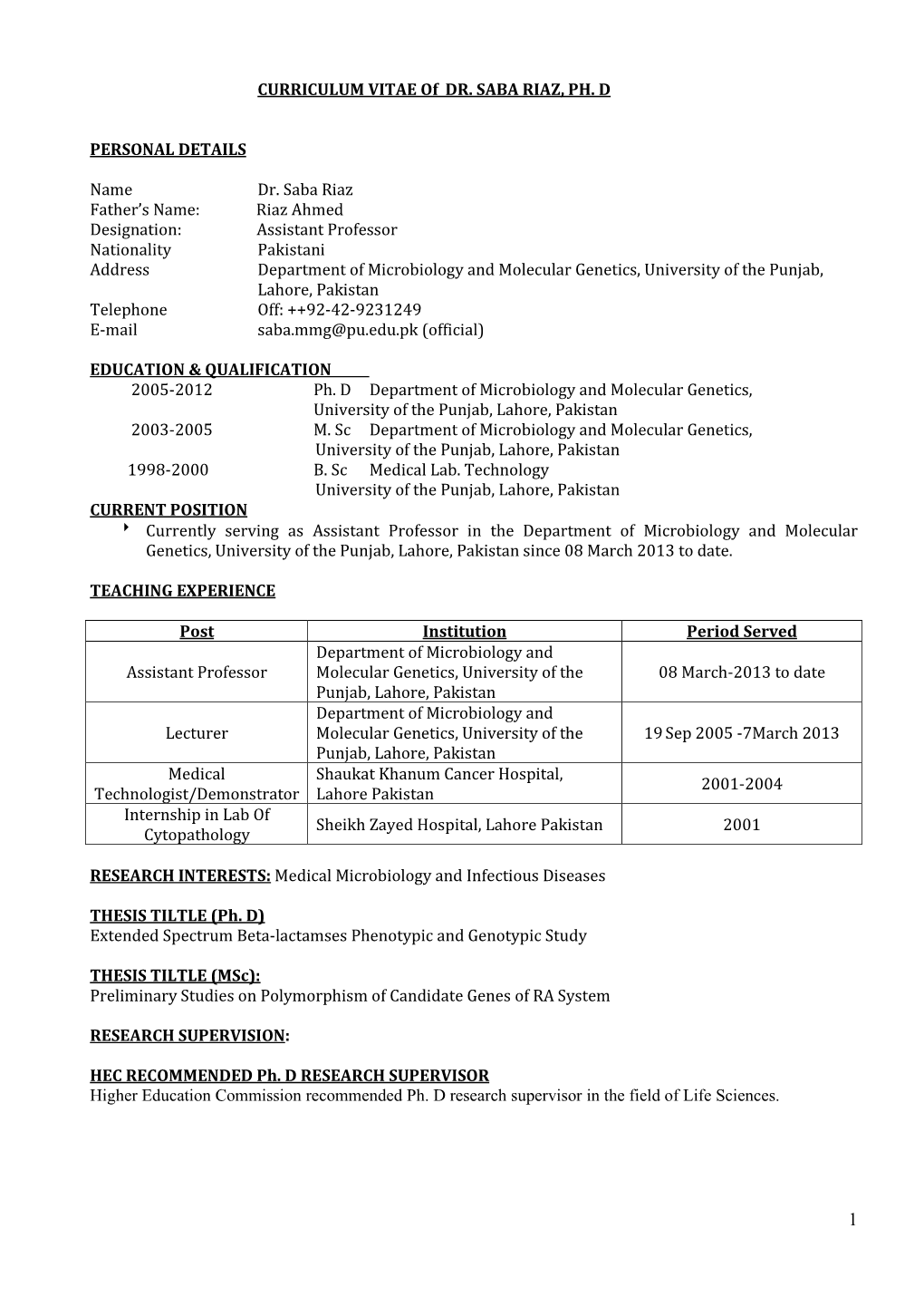 CURRICULUM VITAE of DR. SABA RIAZ, PH. D