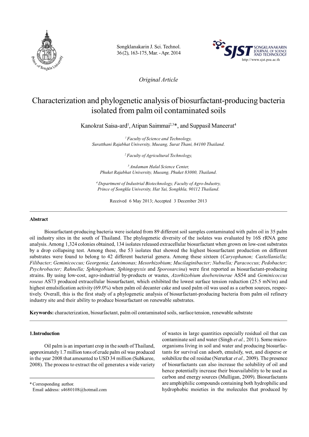 Characterization and Phylogenetic Analysis of Biosurfactant-Producing Bacteria Isolated from Palm Oil Contaminated Soils