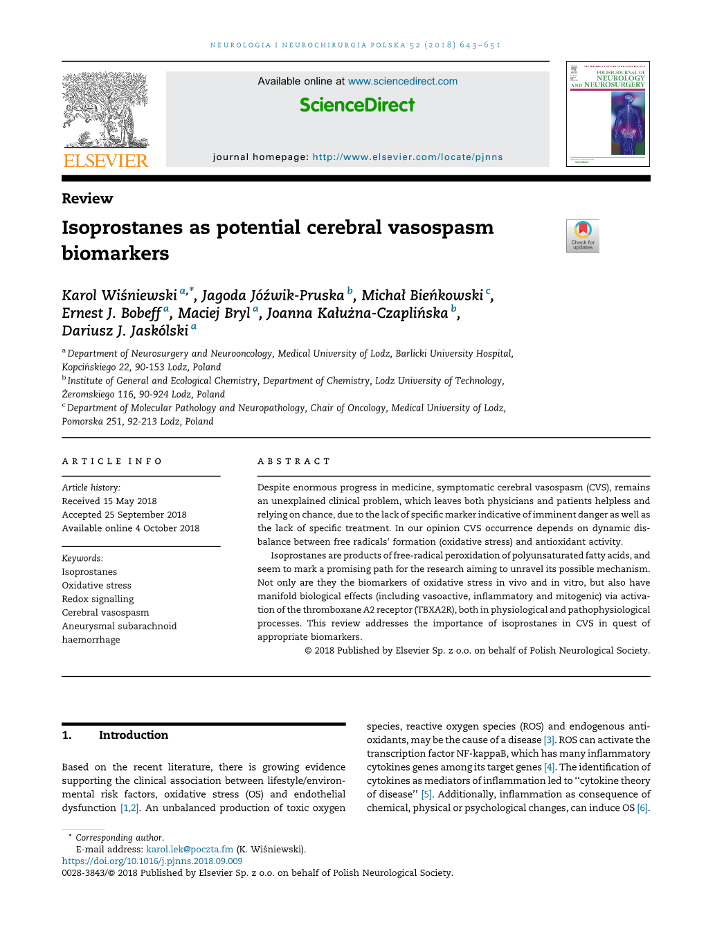 Isoprostanes As Potential Cerebral Vasospasm Biomarkers