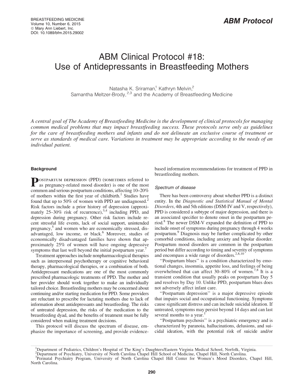 ABM Clinical Protocol #18: Use of Antidepressants in Breastfeeding Mothers
