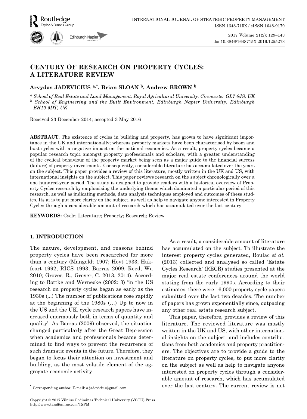 Century of Research on Property Cycles: a Literature Review