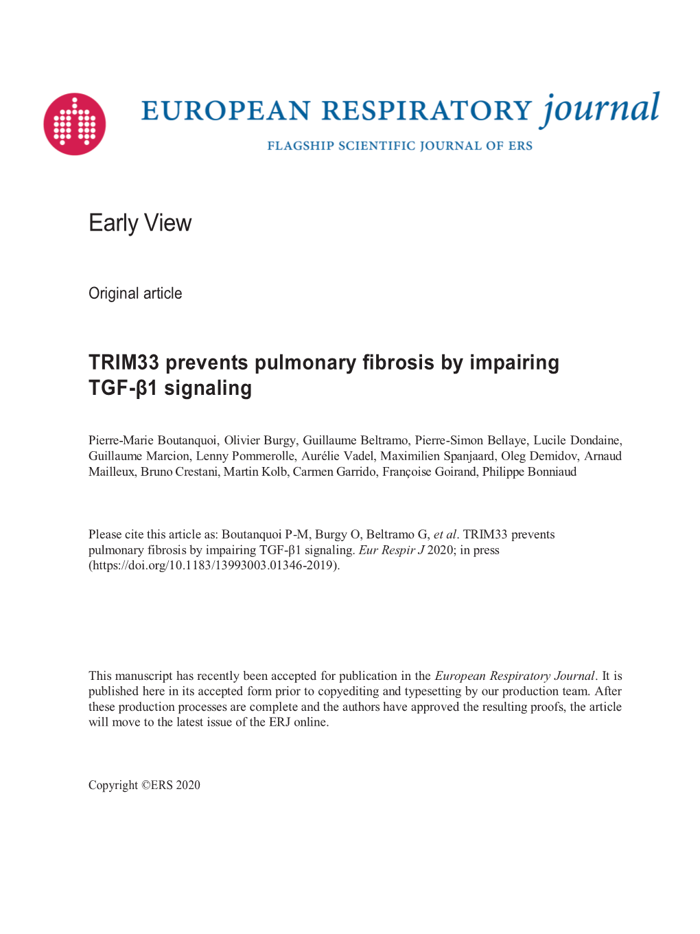 TRIM33 Prevents Pulmonary Fibrosis by Impairing TGF-Β1 Signaling