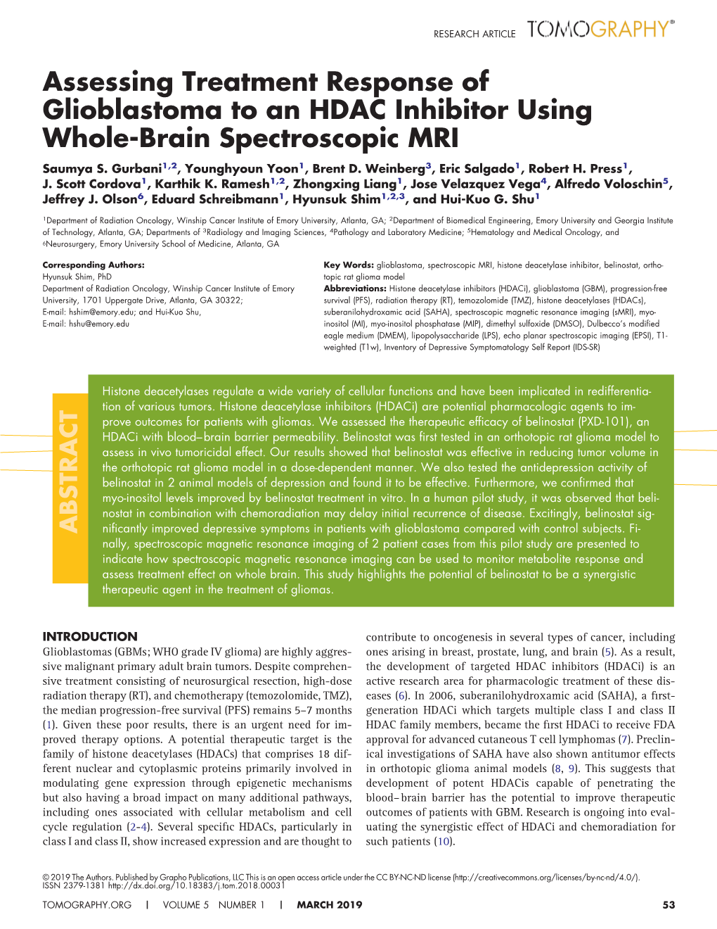 Assessing Treatment Response of Glioblastoma to an HDAC Inhibitor Using Whole-Brain Spectroscopic MRI Saumya S