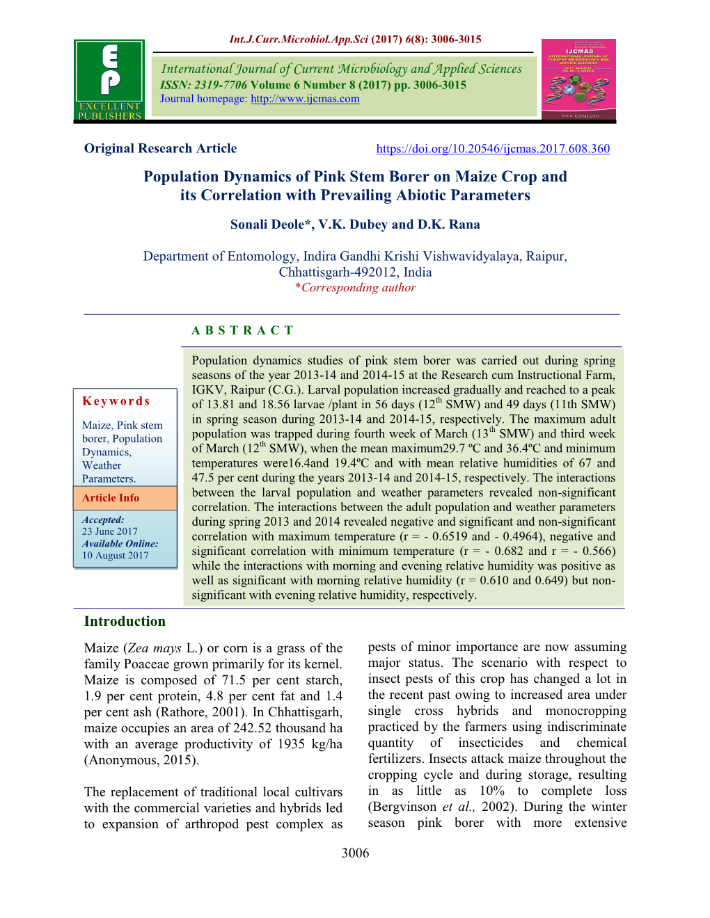 Population Dynamics of Pink Stem Borer on Maize Crop and Its Correlation with Prevailing Abiotic Parameters