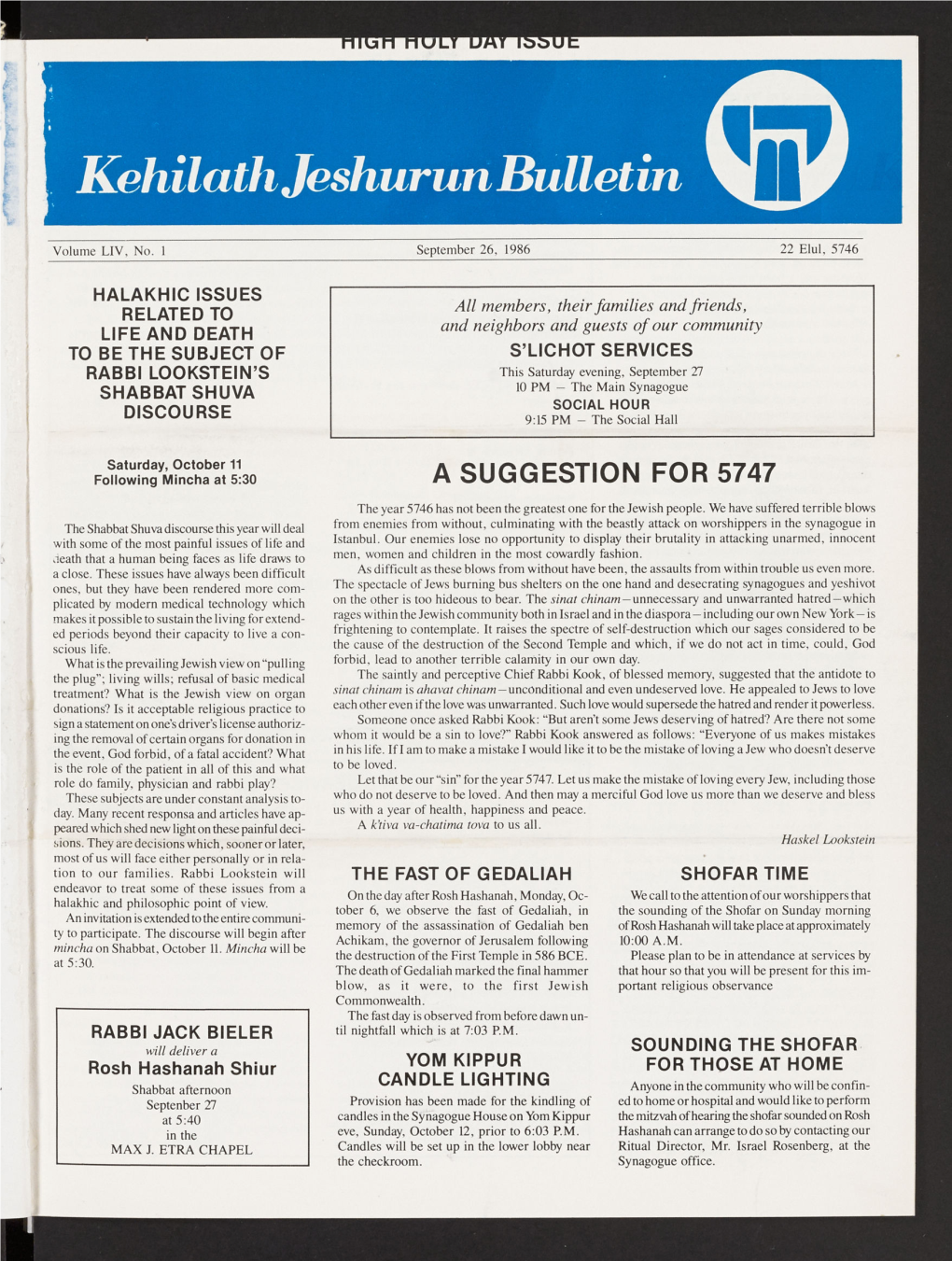 Kehilathjeshurunbulletin © Volume LIV, No