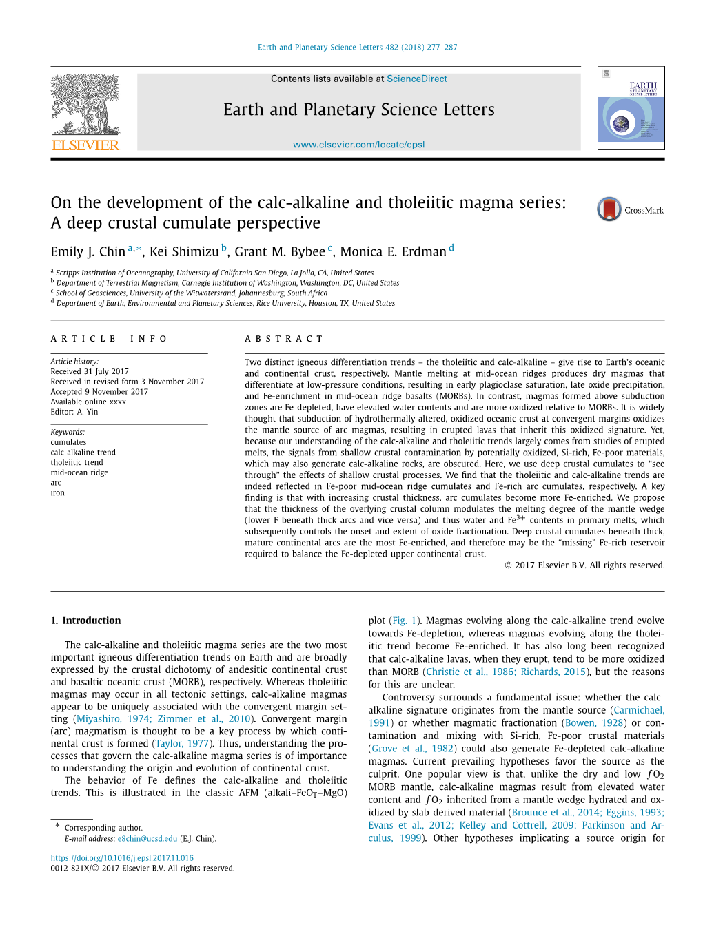 On the Development of the Calc-Alkaline and Tholeiitic Magma Series: a Deep Crustal Cumulate Perspective ∗ Emily J