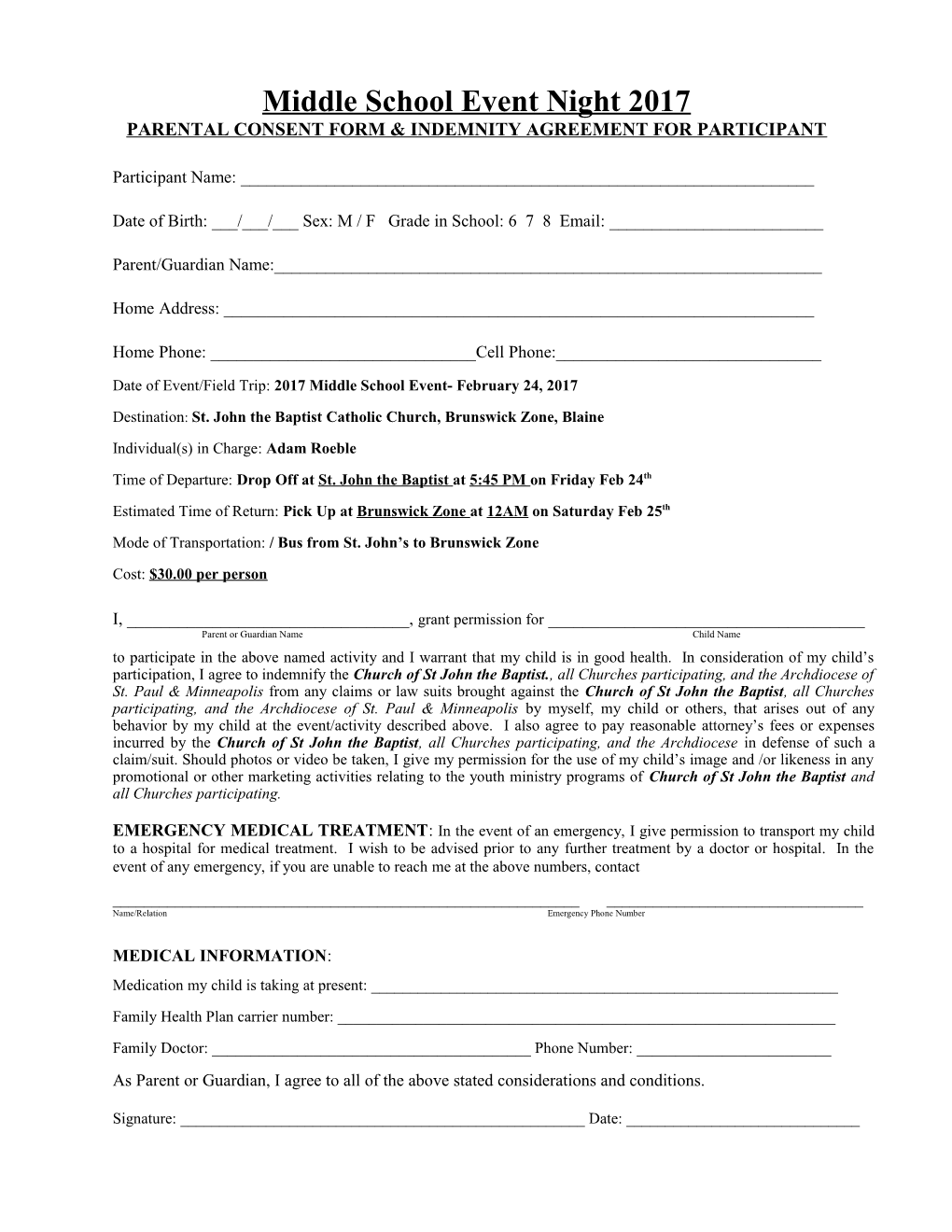 Parental Consent Form & Indemnity Agreement for Participant