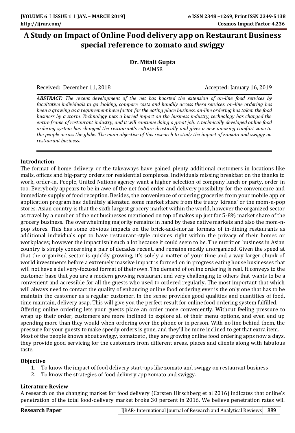 A Study on Impact of Online Food Delivery App on Restaurant Business Special Reference to Zomato and Swiggy