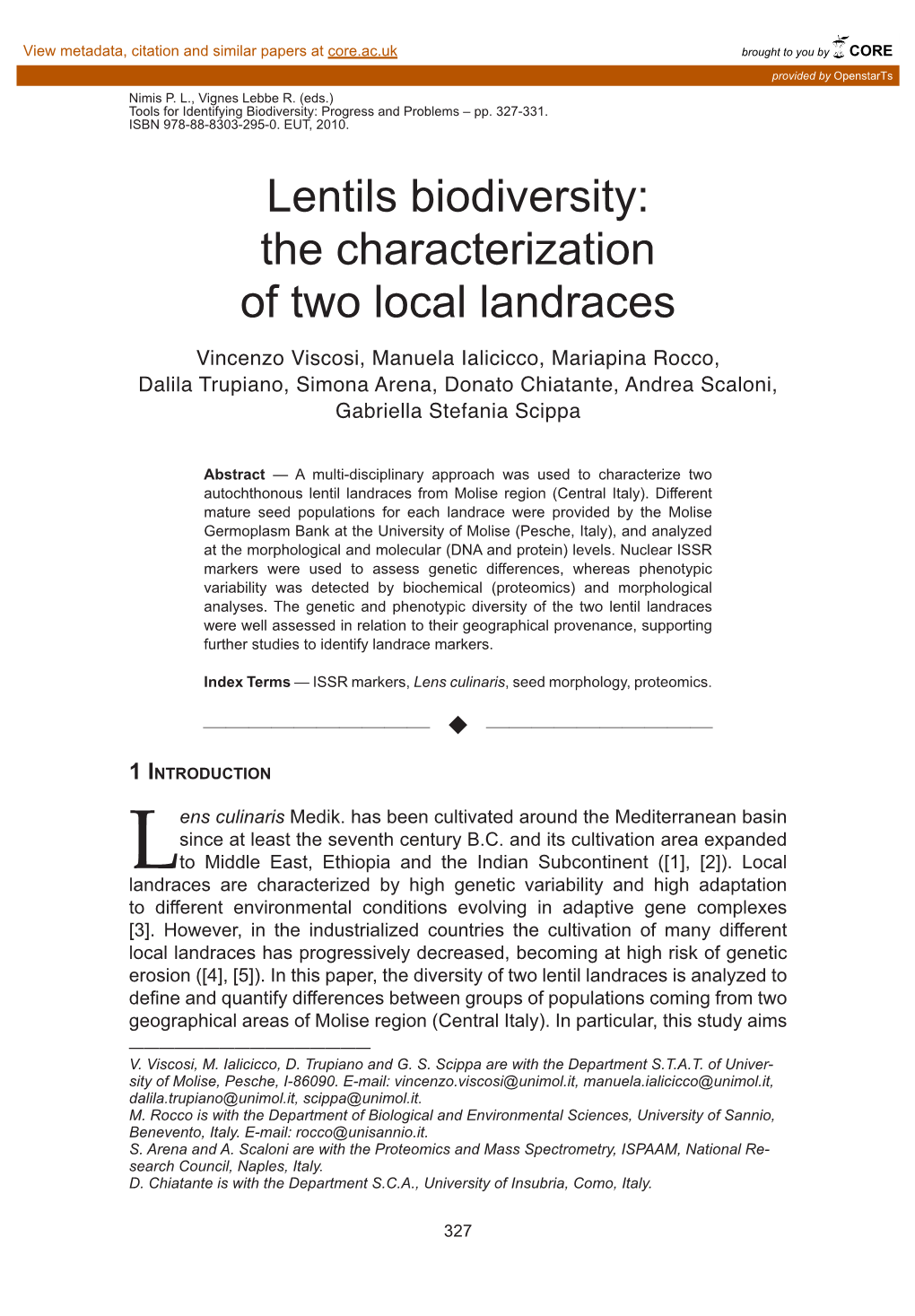 Lentils Biodiversity: the Characterization of Two Local Landraces