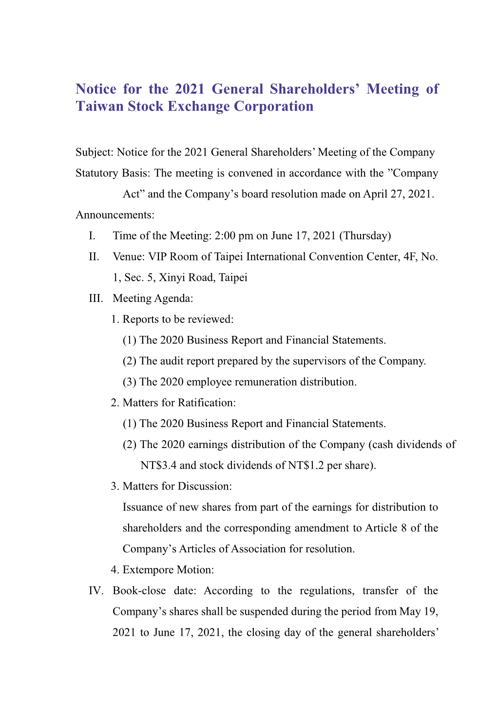 Notice for the 2021 General Shareholders' Meeting of Taiwan