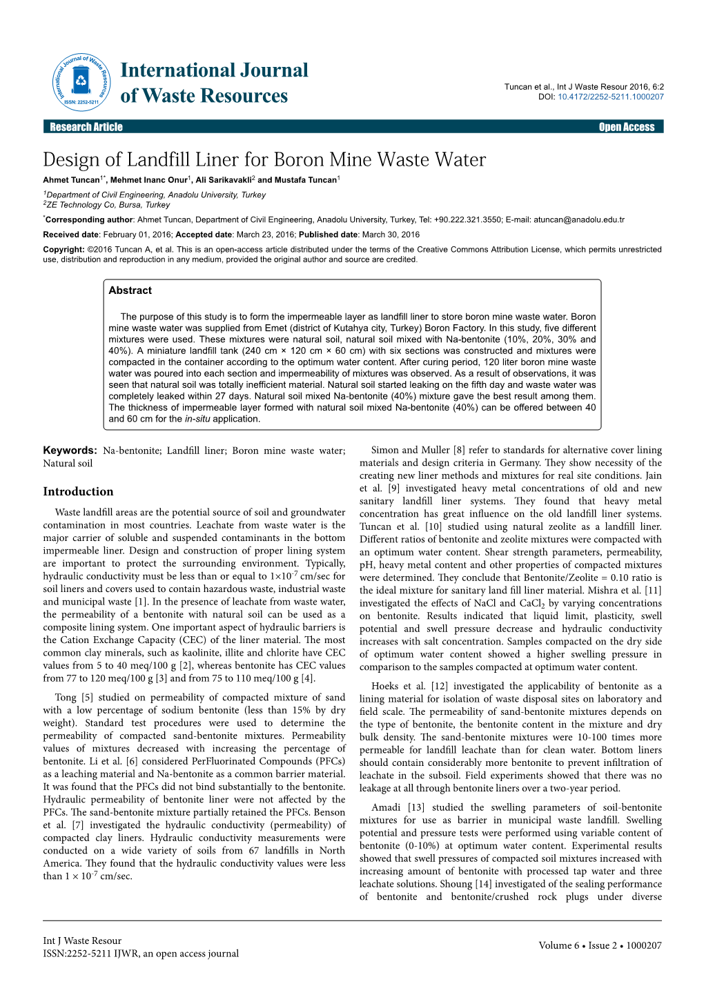 Design of Landfill Liner for Boron Mine Waste Water